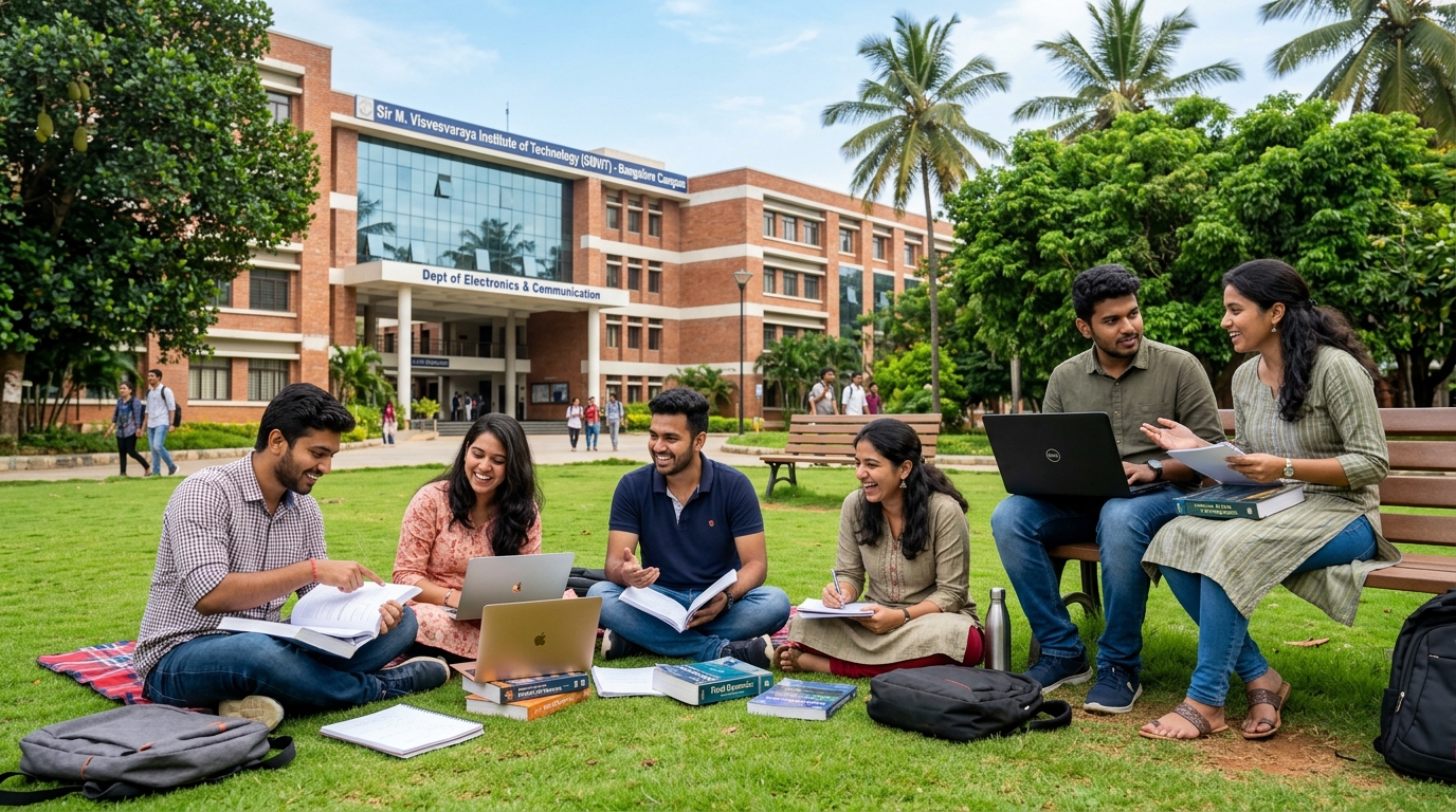 Karnataka engineering students collaborating on a Bangalore college campus